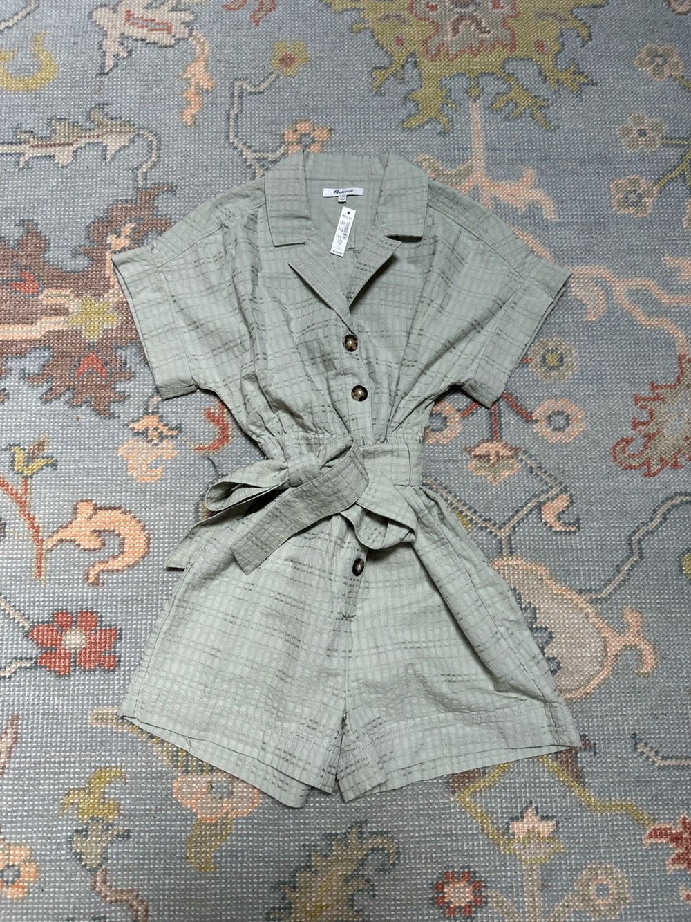 Madewell Light Sage Green Short Sleeve Belted Camp Romper